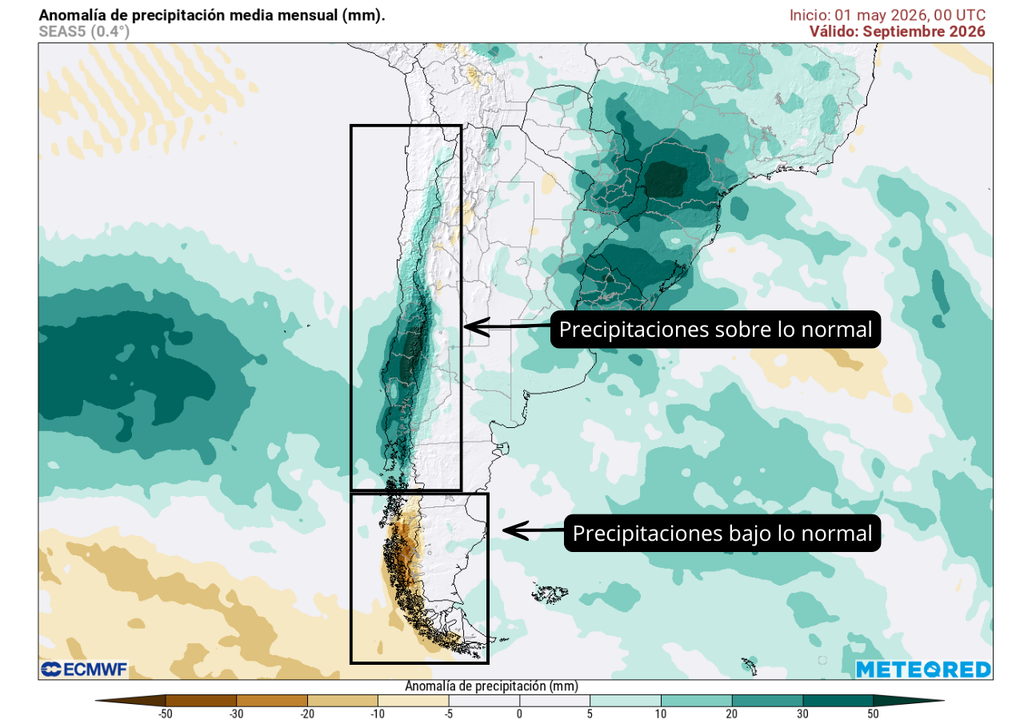 Abundantes lluvias en Chile para la primavera Anomalía de precipitación (mm) para septiembre 2026.