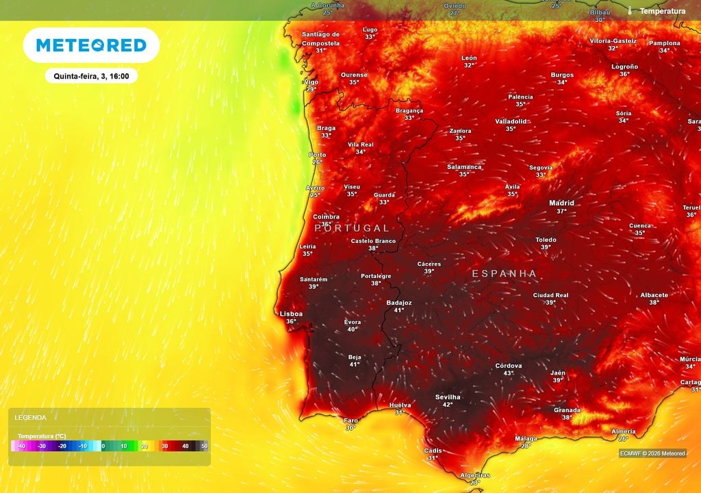 Temperatura O calor atinge o pico esta quinta-feira, com grande parte do Alentejo e Vale do Tejo a aproximar-se ou superar os 40 ºC. Pontualmente, os termómetros poderão chegar aos 42/43 ºC.