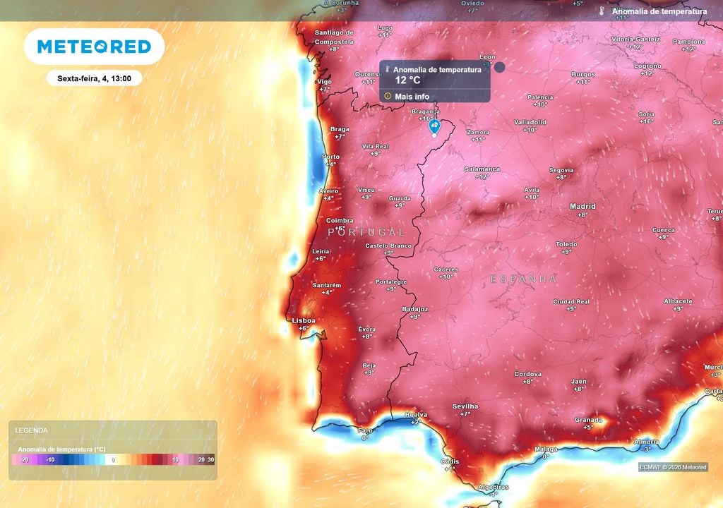 Anomalia da temperatura Na sexta-feira, o calor anómalo desloca-se sobretudo para o interior Norte e Centro. Em zonas dos distritos de Bragança e Guarda, as temperaturas poderão ficar até cerca de 12 ºC acima da média.