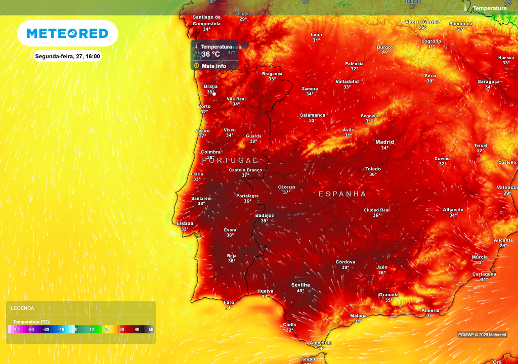 temperatura do ar à superfície Espera-se um aumento significativo das temperaturas máximas na segunda-feira, dia 27. Esta subida deverá levar os termómetros acima dos 35 ºC em zonas próximas do litoral.