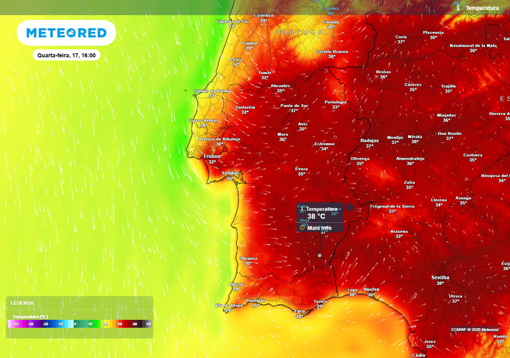 As temperaturas máximas mais elevadas (entre 35 e 38 ºC) desta quarta-feira, dia 17, estão previstas para algumas zonas do vale do Douro, Beira Baixa, quase todo o Alentejo e algumas partes do Sotavento Algarvio.
