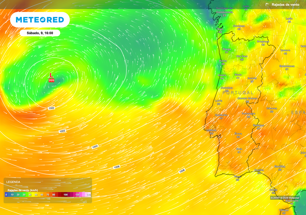 O vento irá intensificar-se significativamente durante o sábado, com rajadas até 75 km/h em várias regiões do continente, sobretudo no litoral oeste e terras altas. As condições mais adversas deverão coincidir com a passagem dos núcleos de precipitação mais ativos associados à depressão atlântica.