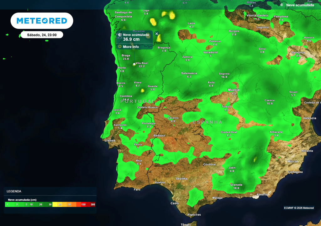 Ainda que os mapas mostrem uma acumulação menor comparado com o que apontavam no início da semana, continuam a apostar em acumulações próximas dos 40 cm em zonas menos prováveis.