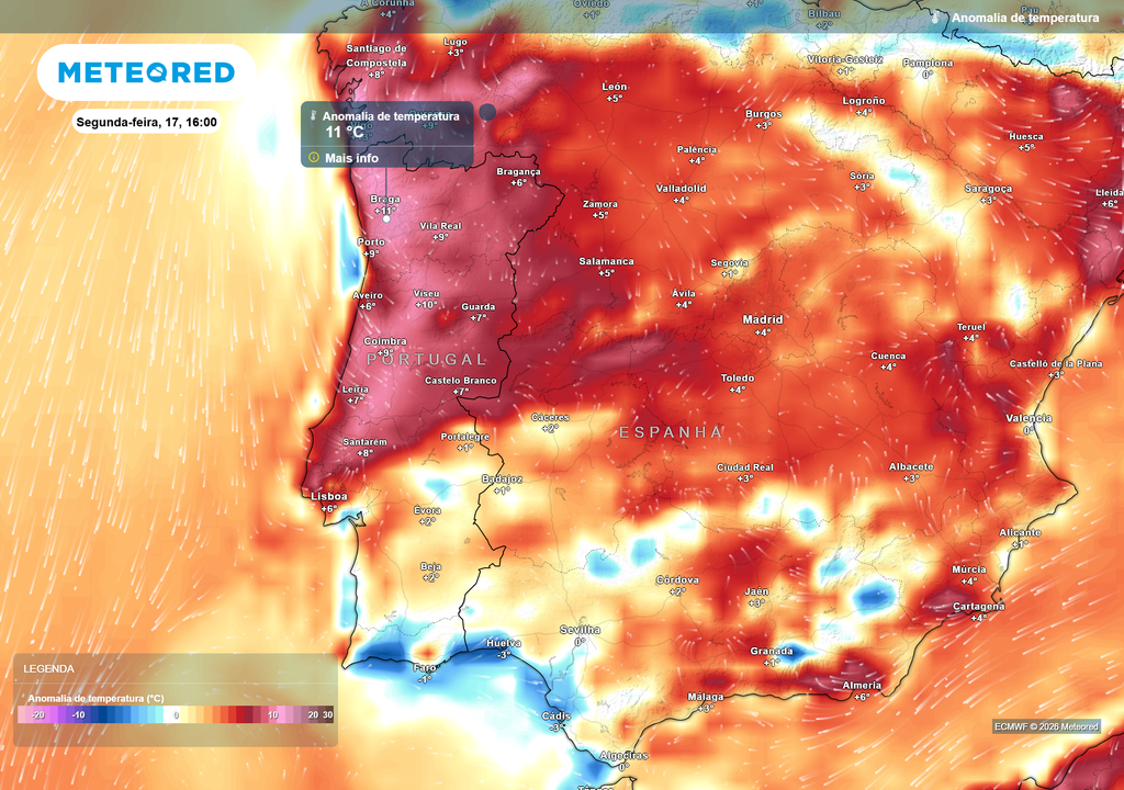 anomalia térmica O mapa de anomalia térmica da próxima segunda-feira, dia 17, mostra um contraste evidente entre o Norte e Centro e o Sul do país. As temperaturas nas duas primeiras regiões irão aumentar de forma significativa a partir de hoje, dia 16.