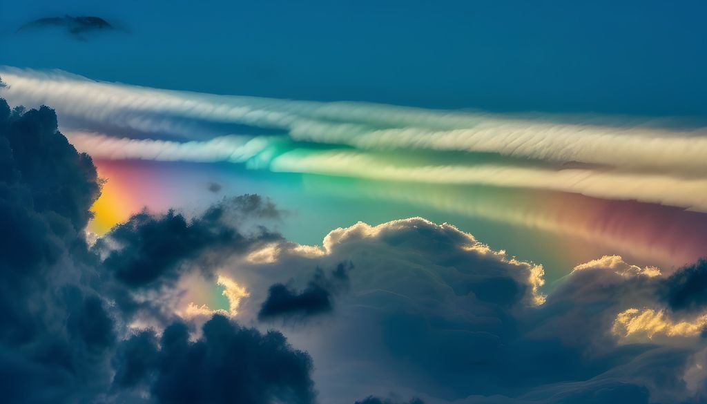 La iridiscencia, puede extenderse a ángulos superiores a 40° en relación con el Sol, e incluso a esta distancia angular los colores pueden ser brillantes. Fuente: OMM.