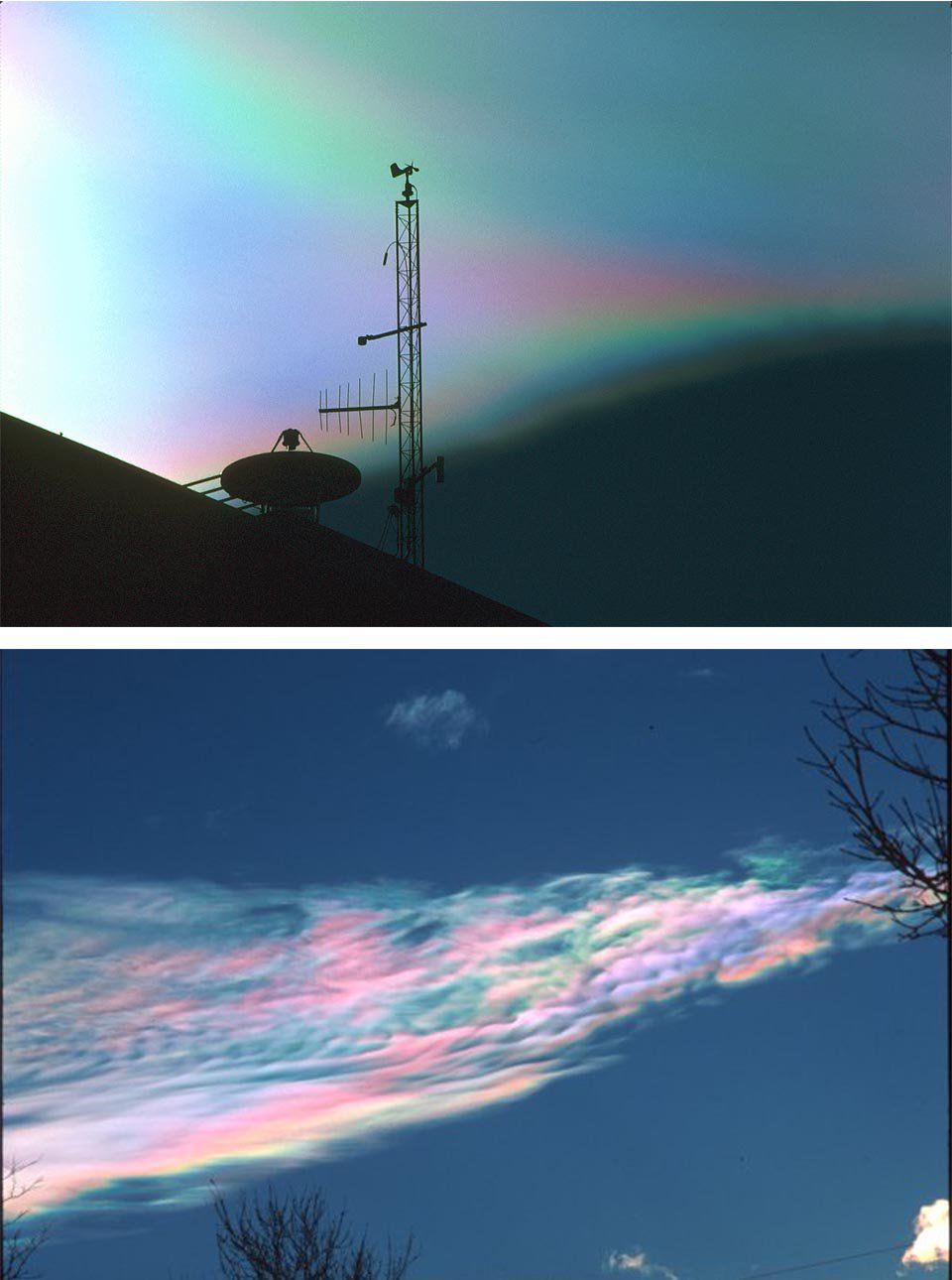 Iridiscencias Y Coronas Espectaculares En Las Nubes En Ondas De Montaña De Colorado (Eeuu) Imagen de una corona no uniforme tomada en Nederland, Colorado, el 15 de enero del 1996. La foto fue tomada con una lente de longitud focal de 70-210 mm, la longitud focal exacta es desconocida.Fotografías de iridiscencias tomadas en Boulder, Colorado. Superior, 8 de noviembre de 1995, Inferior, 25 de diciembre de 1998. La fotos fueron tomadas con lentes de 70-210 y 28-200 mm, respectivamente. La exacta longitud focal de la foto superior es desconocida y la inferior es de 120 mm, aproximadamente.Imágenes reproducidas con permiso de los autores, Paul J. Neiman y Joseph A. Shaw.Referencias.Coronas and Iridescence in Mountain Wave Clouds Over Northeastern Colorado, 2003: Paul J. Neiman y Joseph A. Shaw. Bulletin of the American Meteorological Society: Vol. 84, No. 10, pp. 1373–1386.Un resumen en ingles del trabajo se puede ver aquí:http://ams.allenpress.com/amsonline/?request=get-abstract&issn=1520-0477&volume=084&issue=10&page=1373Y el artículo completo en:http://ams.allenpress.com/pdfserv/i1520-0477-084-10-1373.pdf