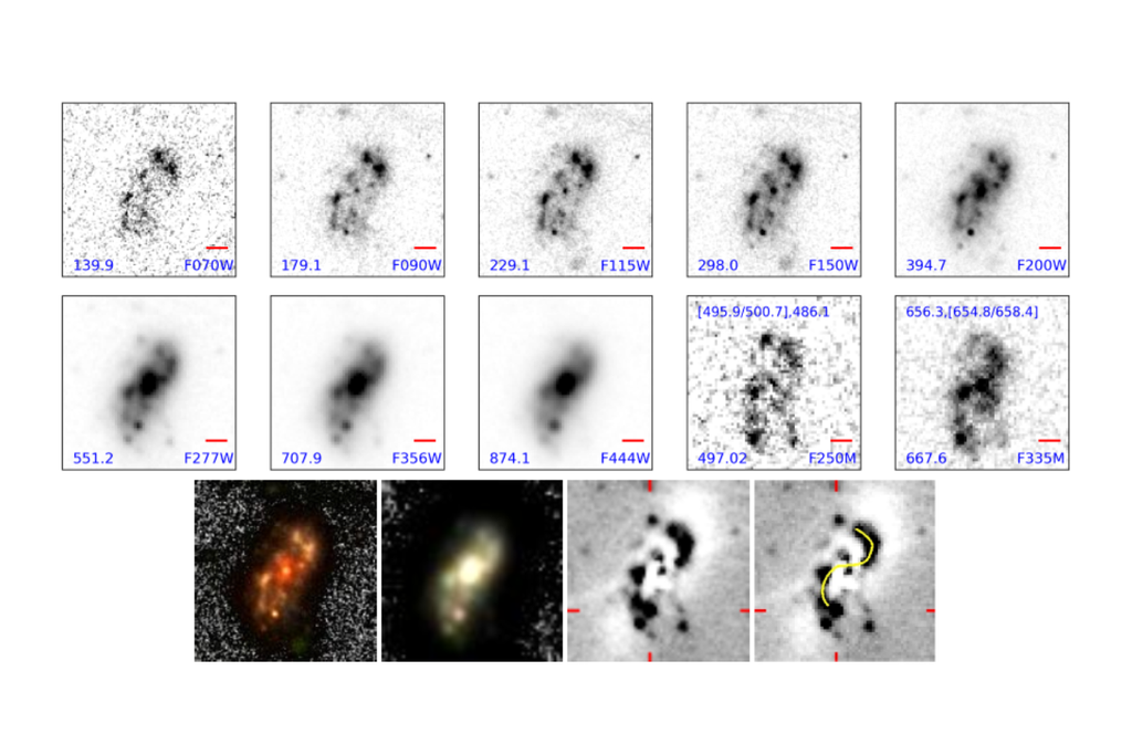 Imagens obtidas por diferentes filtros e diferentes comprimentos de onda da galáxia recém-descoberta Alaknanda Crédito: Jain and Wadadekar Imagens obtidas por diferentes filtros e diferentes comprimentos de onda da galáxia recém-descoberta Alaknanda Crédito: Jain and Wadadekar