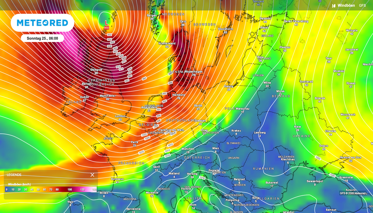 MANJA peitscht die Nordsee auf: Die GFS-Karte zeigt für Sonntagfrüh ein ausgeprägtes Sturmfeld – wie hart trifft es das Binnenland?