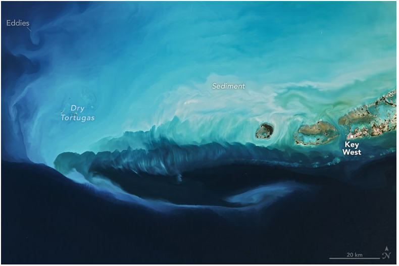El agua al norte de los Cayos de Florida presenta un color entre azul brillante y blanco. Al sur, es azul oscuro, salvo por una franja larga, estrecha y brillante que corre de oeste a este del 3 de febrero de 2026. NASA