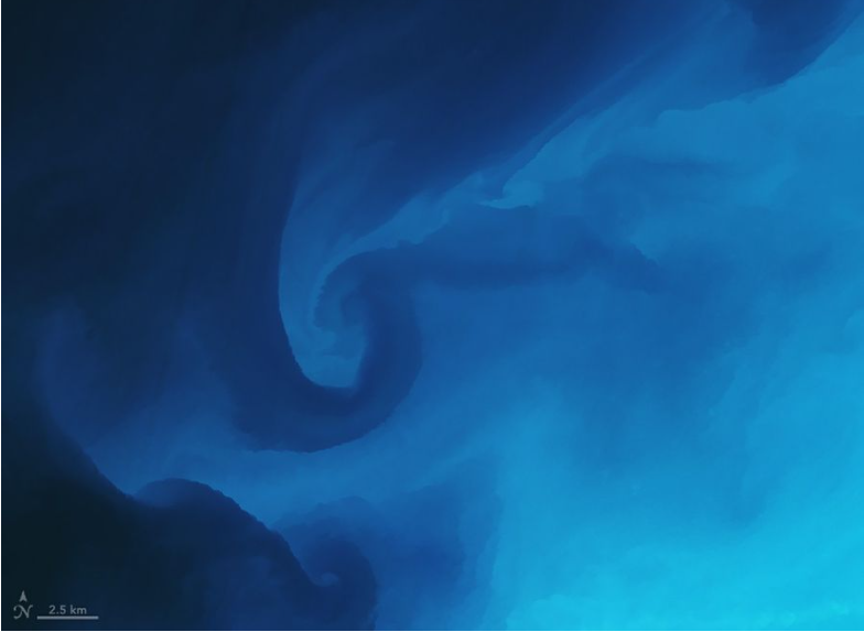 Un área de agua azul brillante que gira incluye una característica forma similar a la de un tiburón martillo, con remolinos que se curvan a ambos lados de un chorro estrecho de 3 de febrero de 2026. NASA