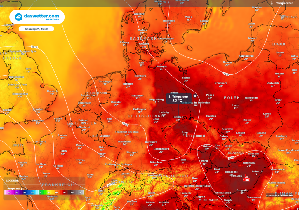 meteored Wetterkarte mit den Temperaturen am Sonntagnachmittag 16 Uhr über Mitteleuropa. Heiße Temperaturen über 30 Grad gibt es in Ostdeutschland und Sachsen.