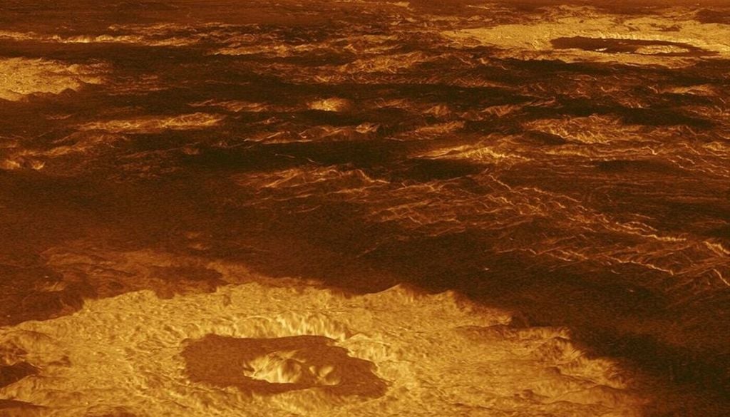 Eine 3D-Ansicht der Venusoberfläche: Ein altes Magellan-Bild, das als „Crater Farm“ bezeichnet wird, bildet die merkwürdige Schichtung vulkanischer Aktivität und Einschlagskrater ab. Eine 3D-Ansicht der Venusoberfläche: Ein altes Magellan-Bild, das als „Crater Farm“ bezeichnet wird, bildet die merkwürdige Schichtung vulkanischer Aktivität und Einschlagskrater ab. Bild: NASA/JPL-Caltech