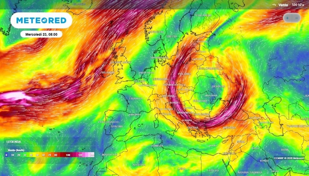 Aria polare. La vasta depressione fredda in quota sull'Est Europa, pronta a scivolare verso l'Italia.
