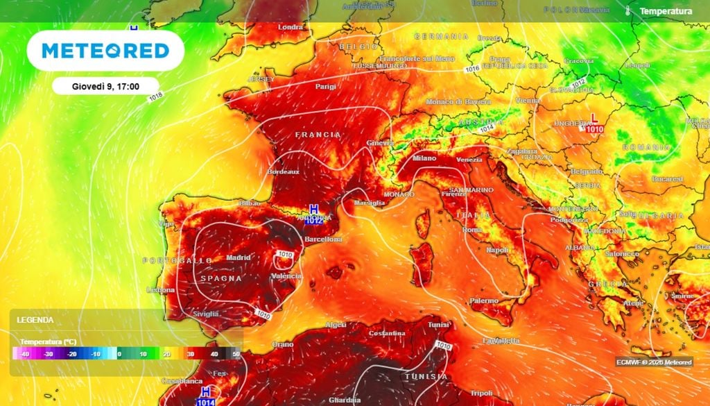 La mappa delle temperature prossime al suolo (a 2 metri), prevista per il pomeriggio di giovedì 9, evidenzia la continuazione dell'ondata di caldo sull'Europa occidentale, in ulteriore espansione e intensificazione nei giorni successivi, anche più a destra sulla nostra penisola. ECMWF Meteored