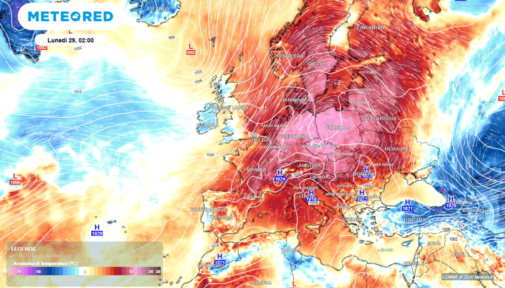 Anomalie, temperature. La distribuzione delle anomalie di temperature attesa per la parte finale del mese.
