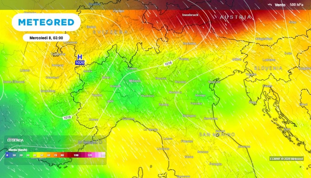 Nella giornata di oggi, mercoledì 8 luglio, sulle regioni di Nord-Ovest l’effetto combinato della massa d’aria calda e dei venti di caduta dalle Alpi (il Föhn) hanno provocanto un sensibile aumento delle temperature, con punte anche fino ai 38-39°C in pianura. ECMWF Meteored