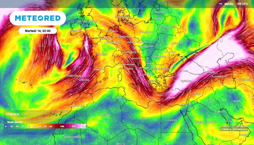 La prossima settimana, già verso martedì 14 e poi nei giorni successivi, l’asse del promontorio anticiclonico tenderà a ruotare in senso orario, indirizzando l'aria calda direttamente dall’entroterra sahariano verso nord-est, cioè sui mari occidentali italiani. La mappa indica lo spostamento verso est della corrente a getto per martedì 14, sintomo di questo spostamento. ECMWF Meteored