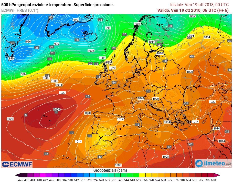 La situazione meteo sull'Europa nel modello ECMWF del 19 ottobre 2018.