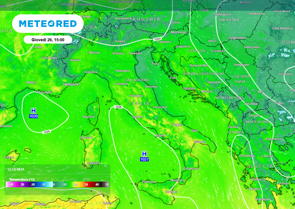 Tra mercoledì 25 e venerdì 27 febbraio, le mappe dei geopotenziali indicano uno spostamento della struttura verso sud-est, favorendo una parziale "africanizzazione" della massa d'aria. Le temperature saliranno su valori molto sopra media, specie sulle isole maggiori e sulle valli interne centro-meridionali.