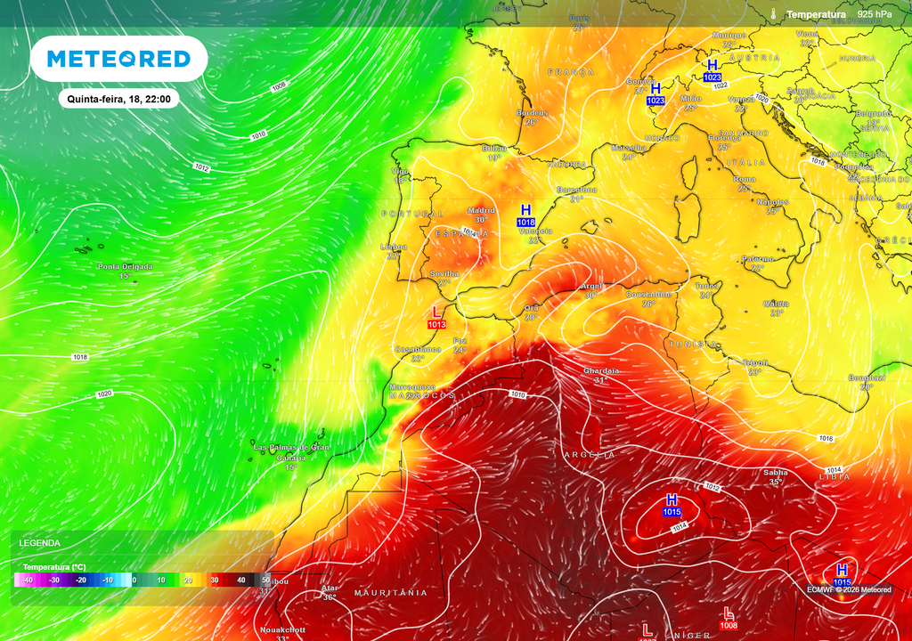 Temperatura 925hPa Já começou a sucessão de fenómenos que poderá trazer 43 ºC a Portugal. O transporte de ar quente desde o Norte de África intensifica-se e marca o início da formação da cúpula de calor.