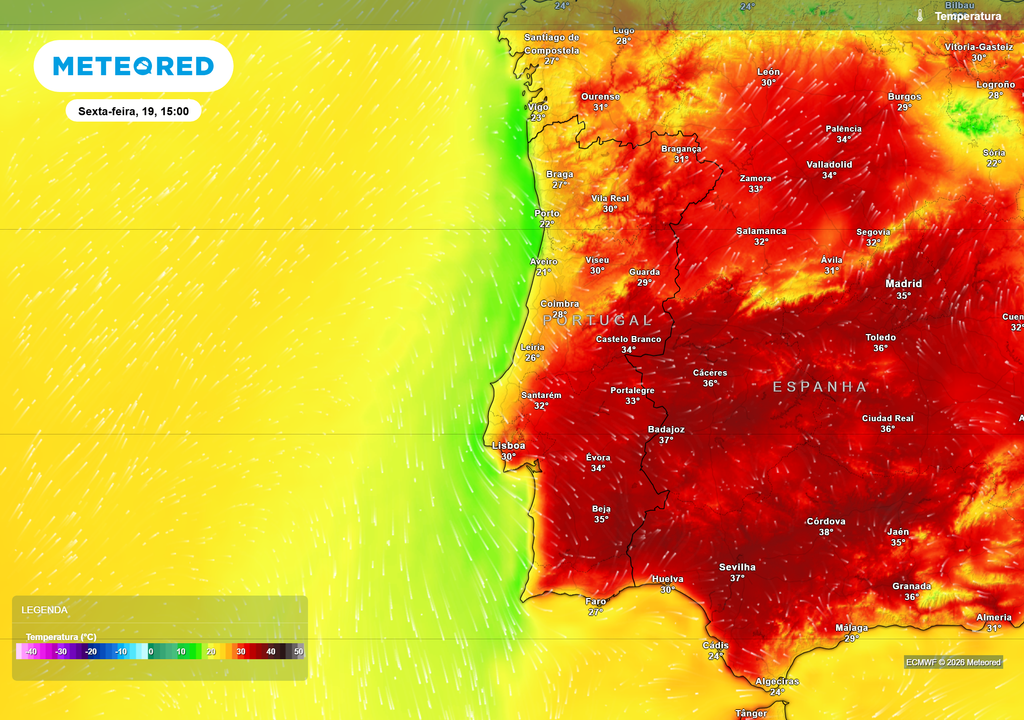 Temperatura Sexta-feira será já um dia bastante quente no interior do país, com anomalias superiores a +5/+6 ºC relativamente ao normal climatológico para esta época do ano.