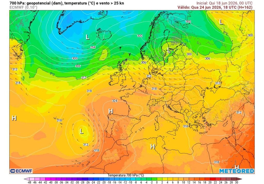 Geopotencial e temperatura 700 hPA A Península Ibérica permanece sob influência de uma extensa área anticiclónica, enquanto uma bolsa de ar frio isolada a sudoeste poderá, mais tarde, contribuir para enfraquecer a cúpula de calor.
