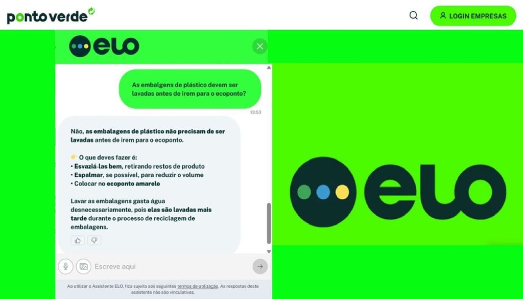 Chatbot da Sociedade Ponto Verde O chatbot da Sociedade Ponto Verde responde a dúvidas em tempo real. Imagem: pontoverde.pt