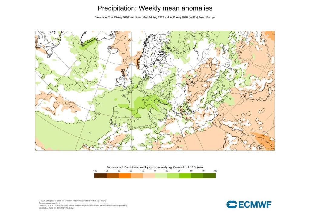 O sinal de precipitação acima do habitual estende-se praticamente de norte a sul de Portugal continental na última semana de agosto, sendo mais expressivo no Norte e Noroeste. As anomalias positivas abrangem também a Madeira.