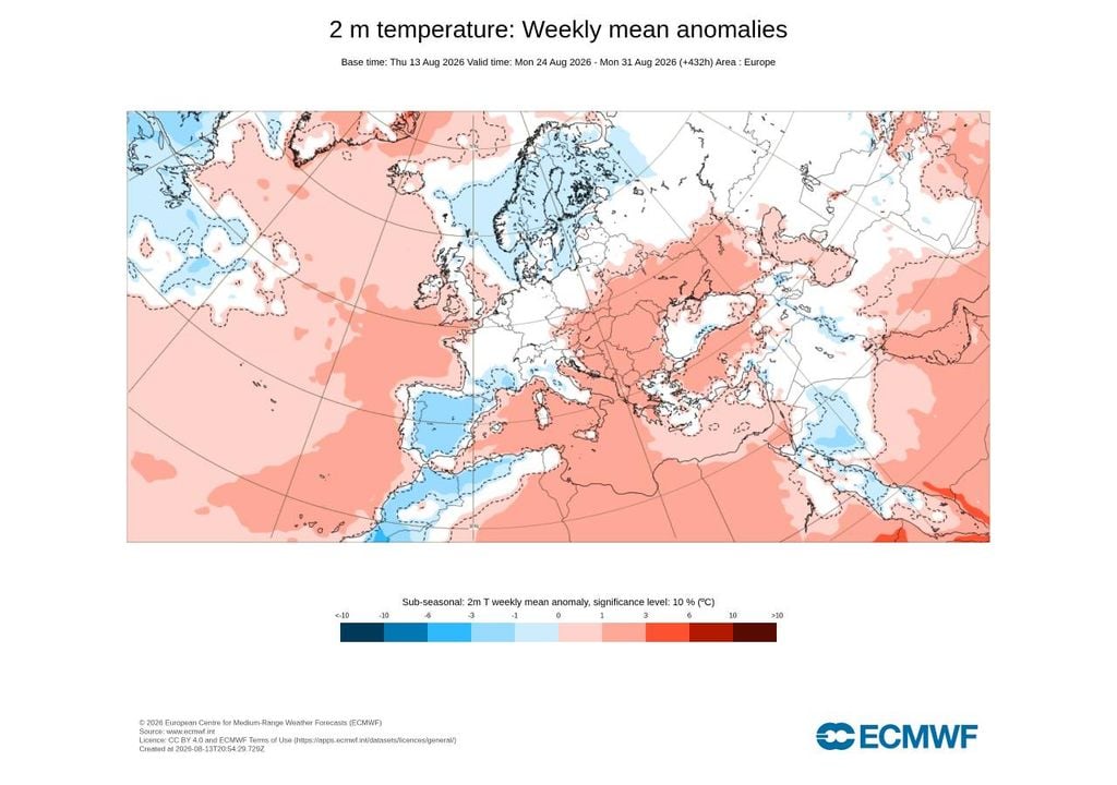 Na última semana de agosto, o calor anómalo deverá perder expressão em Portugal. Grande parte do território apresenta temperaturas médias próximas dos valores climatológicos, enquanto os desvios positivos ficam sobretudo concentrados junto à faixa ocidental.