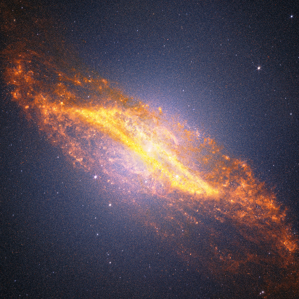 En la vista combinada de infrarrojo medio y cercano de Centaurus A, la NIRCam (Cámara de Infrarrojo Cercano) del Telescopio Espacial James Webb de la NASA resalta el denso campo de millones de estrellas de la galaxia. Imagen: NASA, ESA, CSA, STScI; Procesamiento de imágenes: Alyssa Pagan (STScI), Joseph DePasquale (STScI), Macarena García Marín (Oficina de la ESA en STScI)