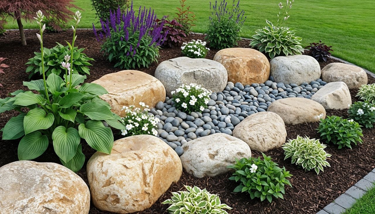 Las rocallas combinan piedras y plantas para crear espacios de bajo mantenimiento y alto impacto visual.