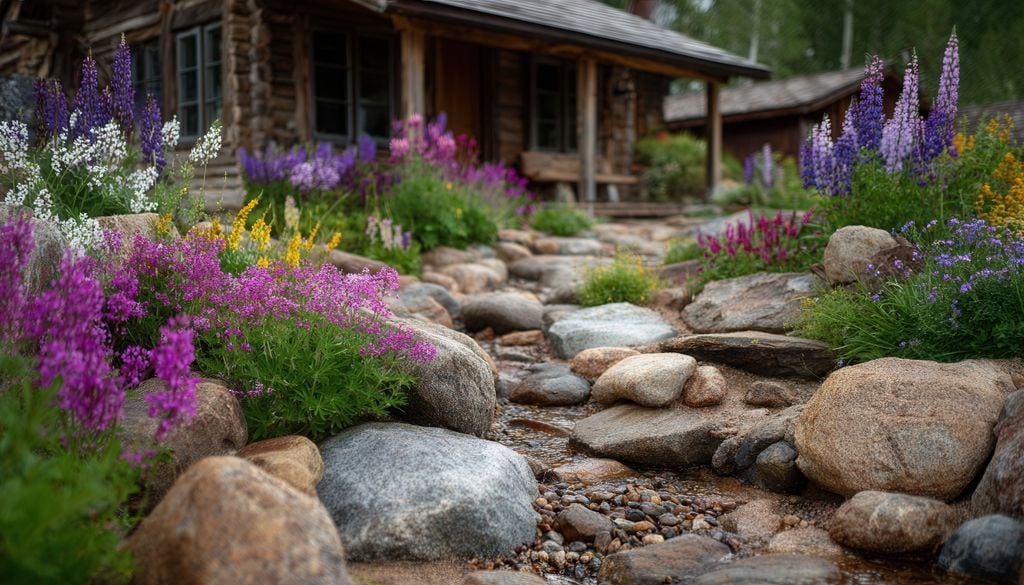 El contraste entre piedra y follaje aporta riqueza visual.