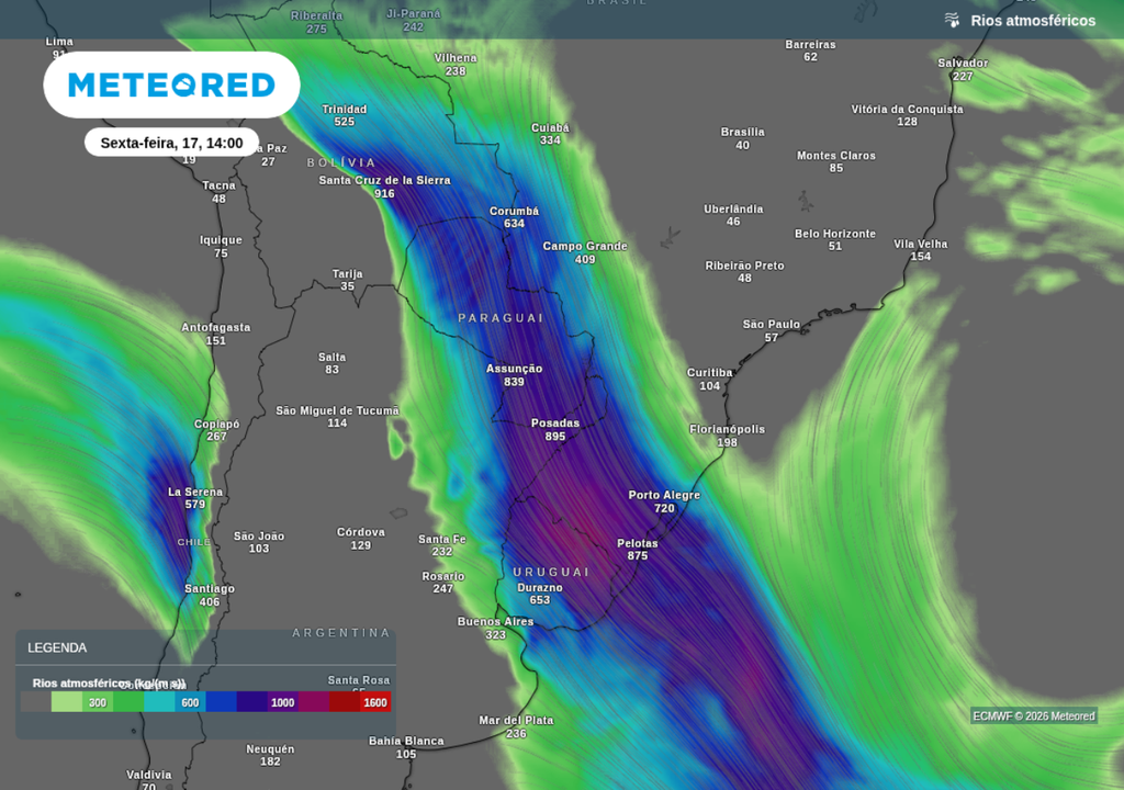 Previsão de rio atmosférico intenso para sexta-feira (17), segundo o ECMWF. Previsão de rio atmosférico intenso para sexta-feira (17), segundo o ECMWF.