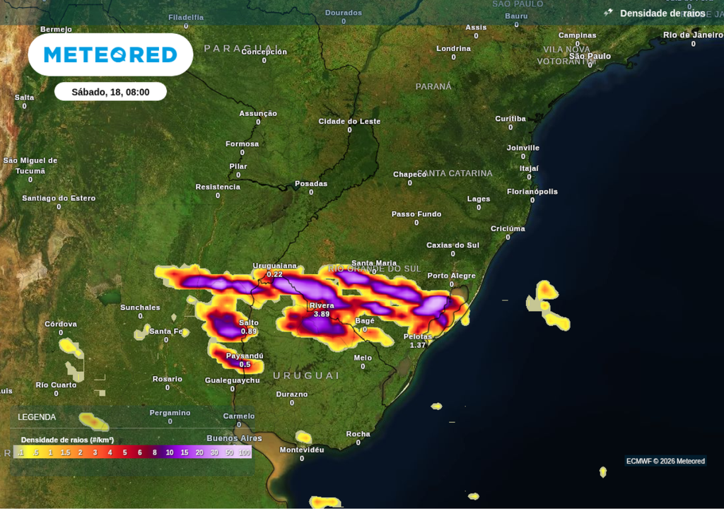Previsão de tempestades neste sábado (18), segundo o ECMWF. Este é apenas um recorte, tempestades em vários dias, horários e áreas da região Sul. Previsão de tempestades neste sábado (18), segundo o ECMWF. Este é apenas um recorte, há alerta de tempestades em vários dias, horários e áreas da região Sul.