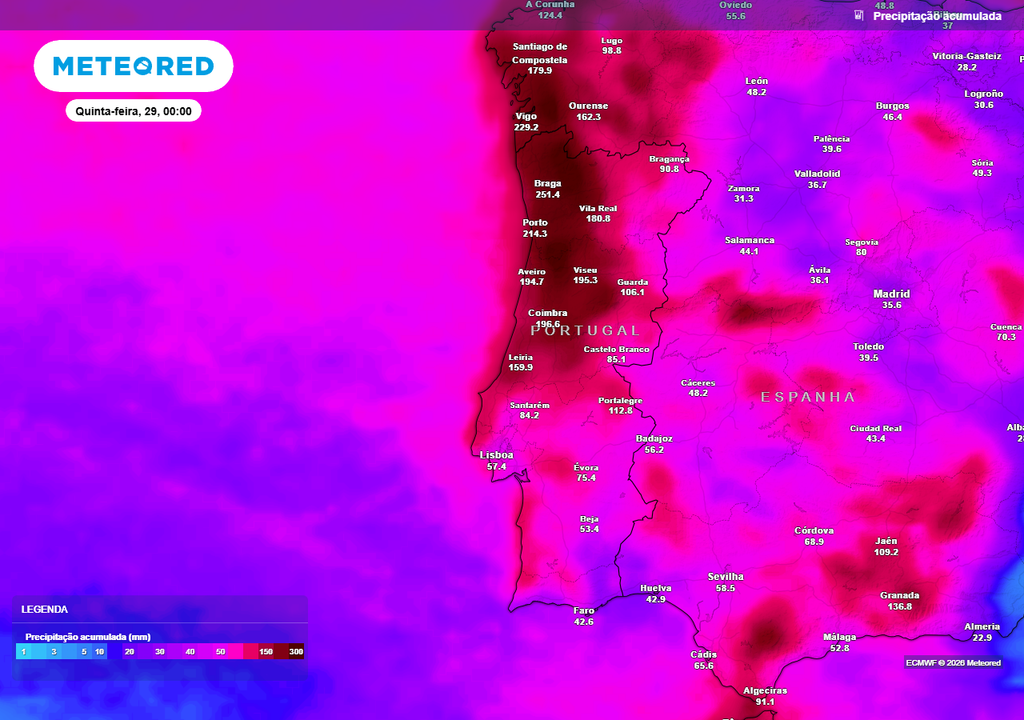 De acordo com as atuais previsões do modelo Europeu, Portugal continental será o país mais chuvoso da Europa na próxima semana por uma larga margem, com zonas montanhosas do Minho ou a Serra da Freita a poderem ultrapassar confortavelmente os 300 mm de chuva acumulada.