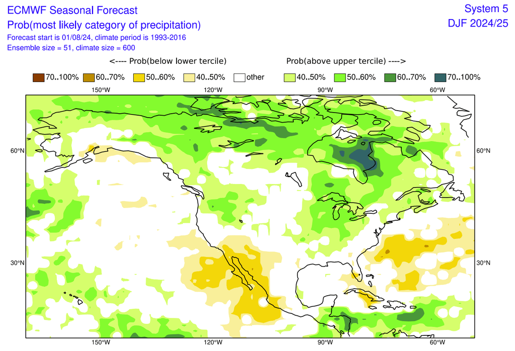 ECMWF Seasonal Forecast Prob(most likely category of precipitation)