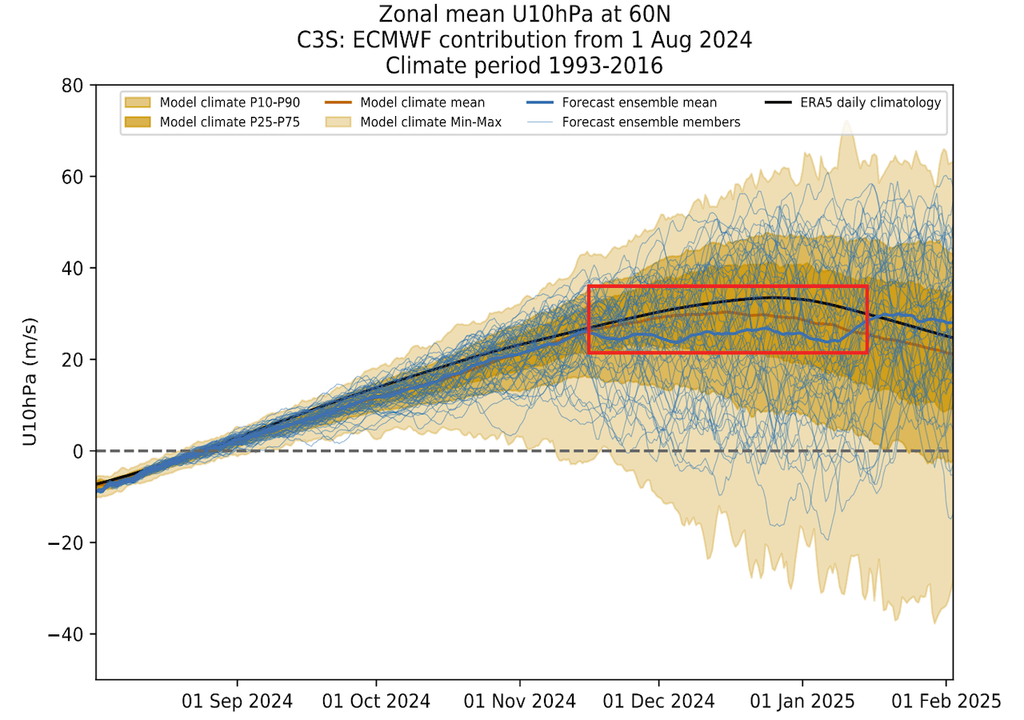 ECMWF-Prognose für die 10-hPa-stratosphärischen Zonalwinde