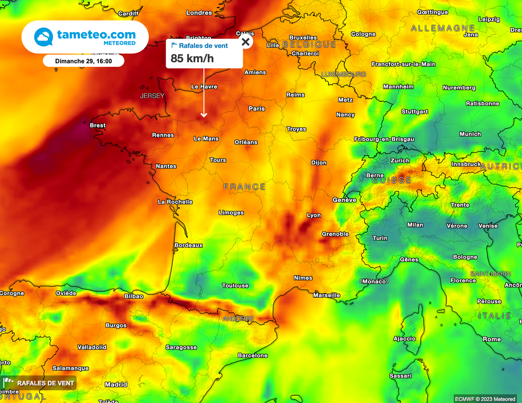 Vers un coup de vent pour ce week-end en France. Un large quart Nord-Ouest est exposé ainsi que la moitié Est.