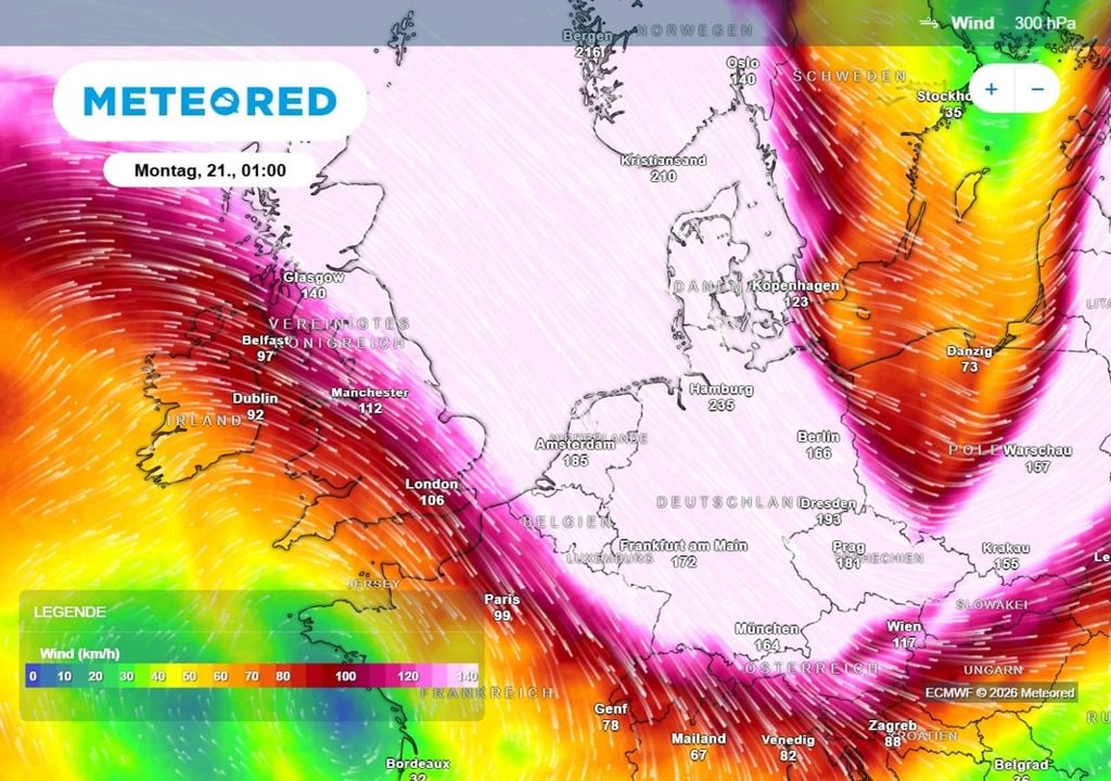 wetter, jetstream, sturm Der Jetstream rauscht am Montagmorgen genau über Deutschland hinweg.