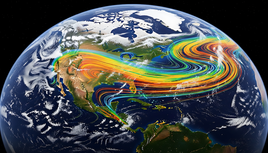 Jetstreammuster, Nordamerika, Luftströmungen, Atmosphäre, Studie, Jetstreams, Nordatlantik Jetstreammuster über Nordamerika verdeutlichen die großräumigen Luftströmungen der Atmosphäre. Die Studie richtet den Blick weiter ostwärts auf die Verschiebung des sommerlichen Jetstreams über dem Nordatlantik.