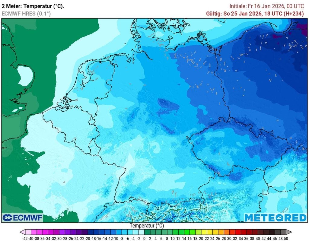 Die neusten Daten des ECMWF-Modells von Freitag (16. Januar) zeigen ab der letzten Januarwoche Dauerfrost in Deutschland.