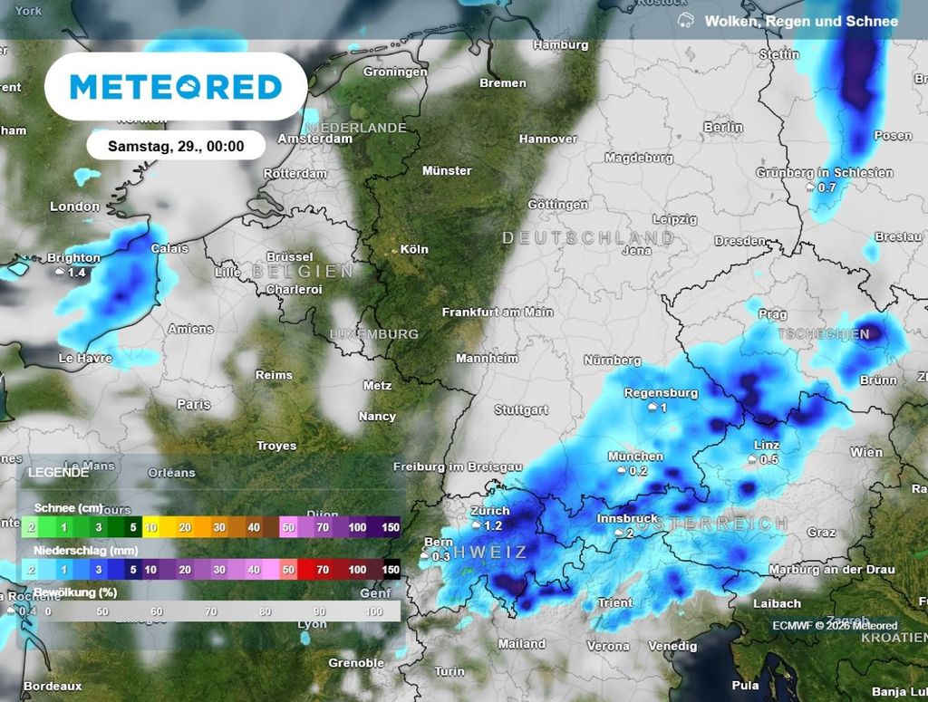 regen, wolken, unwetter In der Nacht auf Samstag liegt der Schwerpunkt im Südosten von Deutschland.