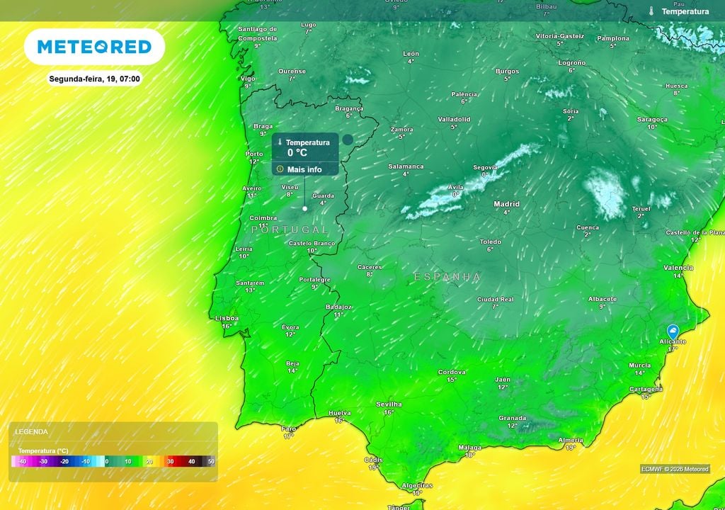 temperatura do ar à superfície Na próxima segunda-feira, dia 19 de outubro, pelas 7h da manhã, a Serra da Estrela poderá voltar a registar temperaturas mínimas na ordem dos 0 ºC. Estes valores decorrem da descida prevista a partir de domingo, dia 18.