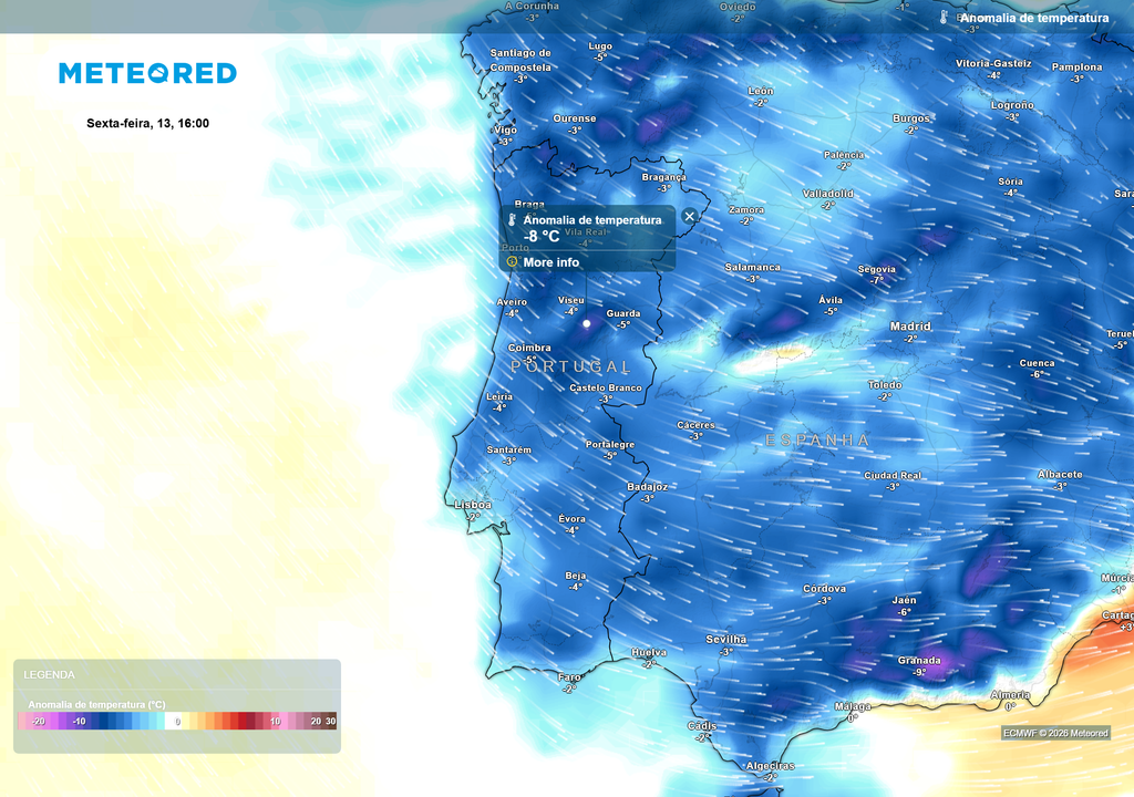 Pelas 16h de sexta-feira, 13, espera-se que toda a geografia continental se encontre com valores térmicos abaixo do normal para a época.