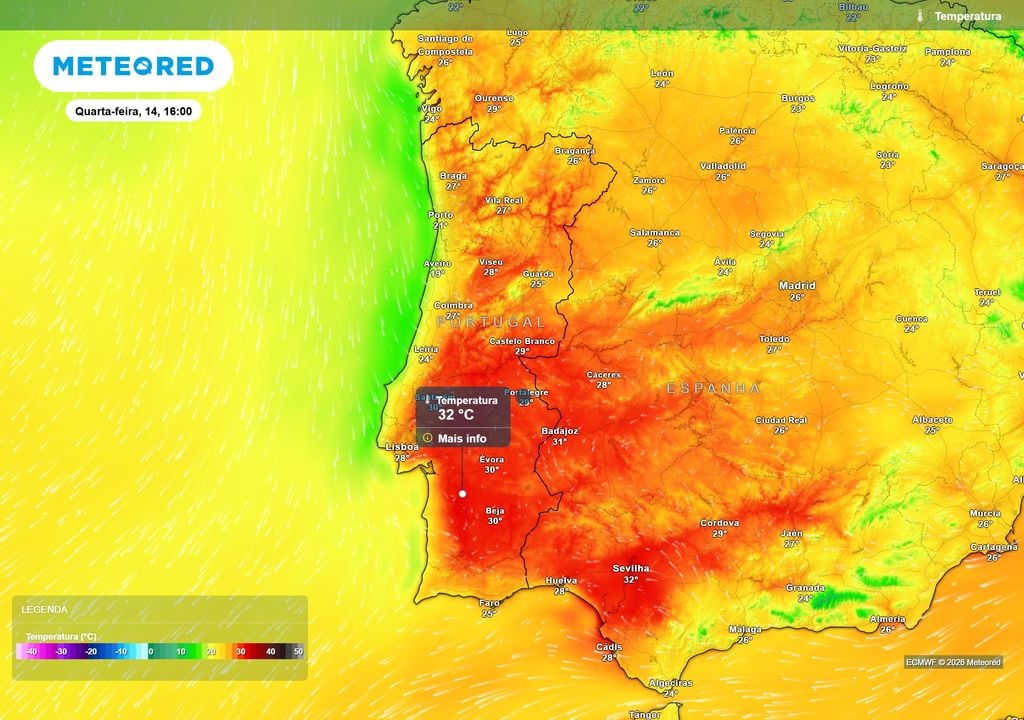 temperatura do ar à superfície Na quarta-feira os termómetros podem atingir os 32 ºC no Alentejo.