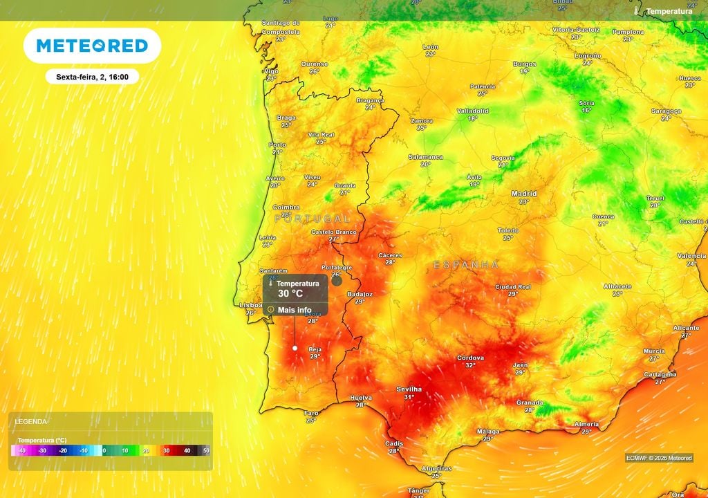 temperatura do ar à superfície Na sexta-feira, as temperaturas máximas poderão, localmente, alcançar os 30 ºC.
