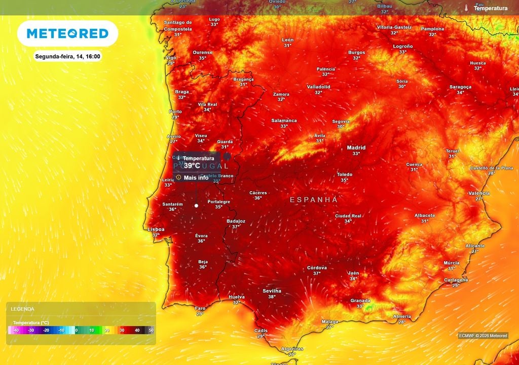 temperatura do ar à superfície Entre domingo e segunda-feira, as temperaturas poderão aproximar-se dos 40 ºC, especialmente no Ribatejo e Alentejo.