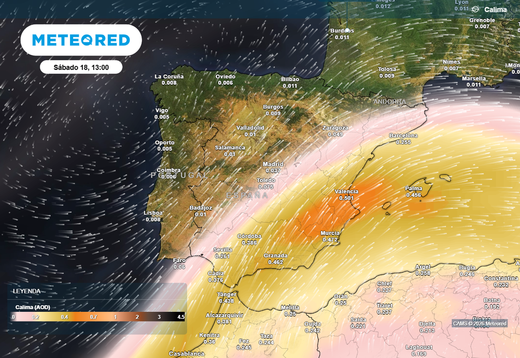 El polvo sahariano se mantendrá sobre el sureste y Baleares en lo que queda de semana, donde se pueden producir algunas lluvias de barro.