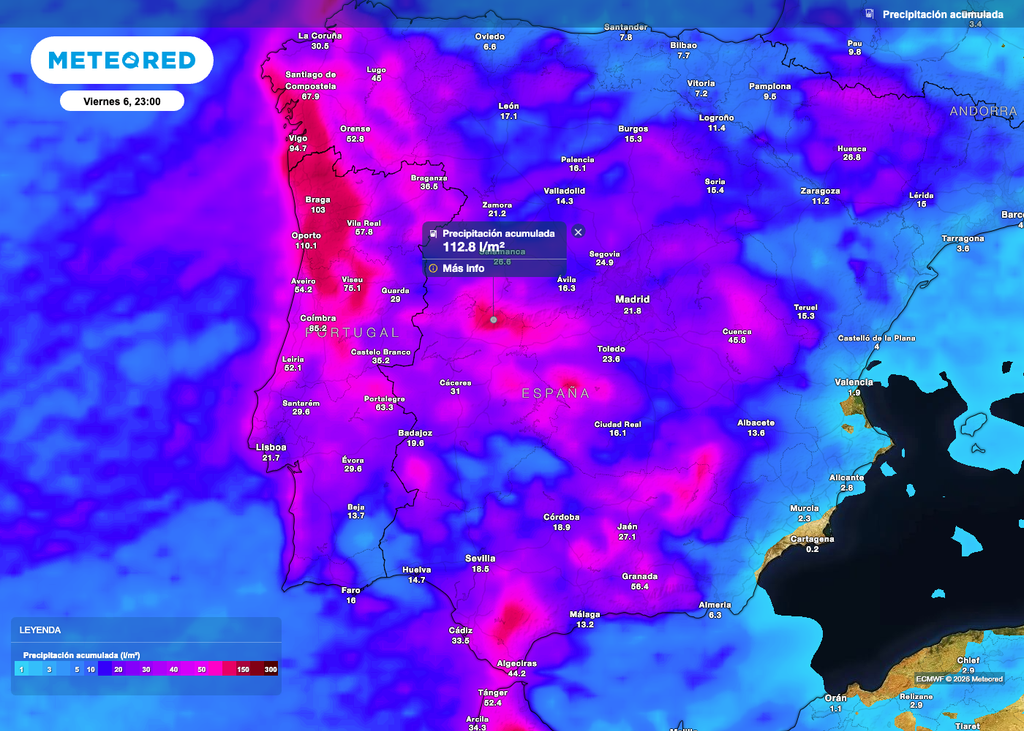 Acumulados de precipitación previstos entre hoy y mañana.