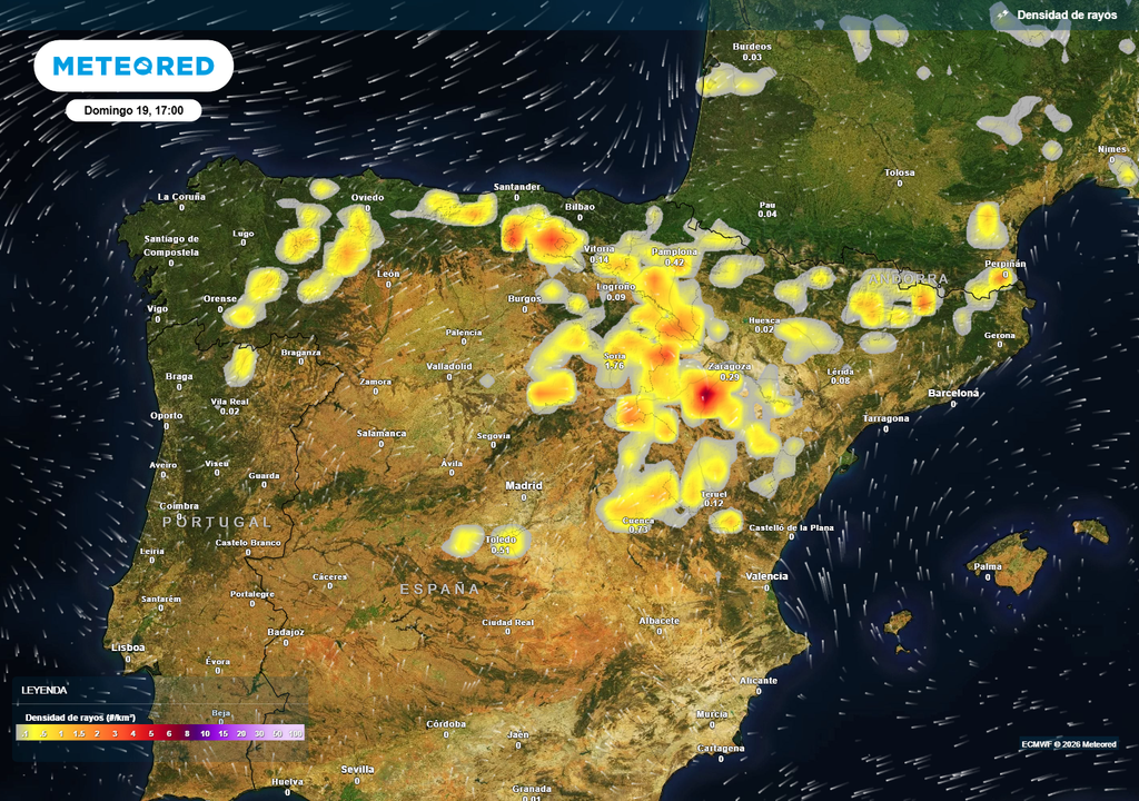 Rayos en España Este domingo las tormentas vespertinas dejarán numerosos rayos en extensas zonas de la mitad norte peninsular.